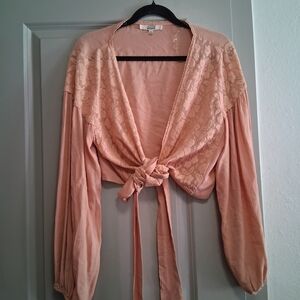 Chic Lace Tie-Front Blouse in Peach